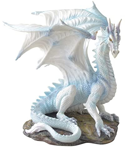 Statuetta drago, blu e bianco drago, Dragon Draconis con le ali alzate, Fantasy Figur 19 cm