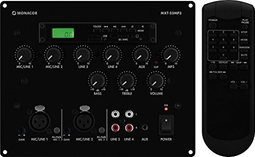 Monacor MXT-52MP3 Mischpult mit integriertem MP3-Spieler für die Unterputz-Wandmontage, Schwarz