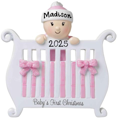 2025 New Baby in Crib Personalized Baby`s First Christmas Hanging Tree Ornament New Born Baby Gift-Free Personalized (Pink)