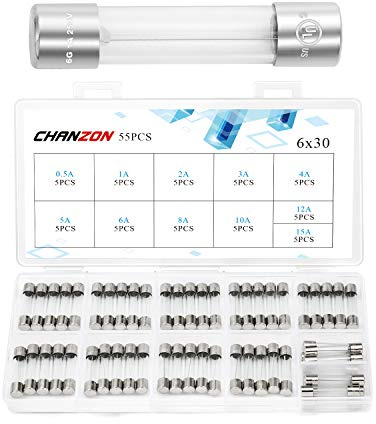 Chanzon UL Listed 11 Values 6x30mm Glass Cartridge Tube Fuse 55Pcs Fast Blow 125V (250V) Fuse Assortment Kit 0.5A 1A 2A 3A 4A 5A 6A 8A 10A 12A 15A(6.4mmx30.3mm)