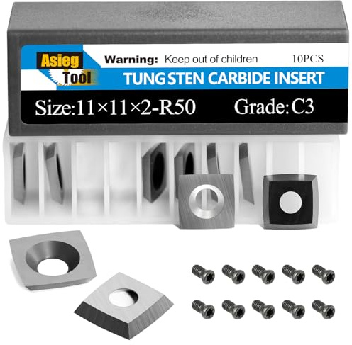 Asieg Tool 11x11x2.0mm-R50 Tungsten Carbide Cutter Inserts Knives Replacement Blades 2 inches Radius edge with Screws for Woodworking Fits Spiral Helical Planer or lathe Turning 10pcs