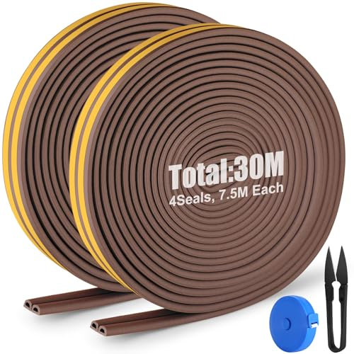 30metri Nastro sigillante per porte e finestre,strisce di guarnizione anti collisione,1 paio di forbici e 1 metro,utilizzato per bloccare crepe e fessure (marrone),9mm*6mm