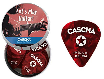 Cascha Gitarren-Plektrum Medium 24 Stück I hochwertiges Plektren-Set aus robustem & griffigem Celluloid - inkl. praktischer Plektrum-Aufbewahrungs-Box I 0,71 mm Medium Plektron rot 24 Stück