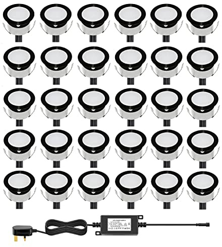 CHNXU Outdoor LED Decking Lights 30mm Recessed Garden Lights Waterproof IP67 Deck Lighting Kits for Kitchen Plinths, Bathroom, Patio Deck, Yard Garden (30 Pack, Blue & Black)