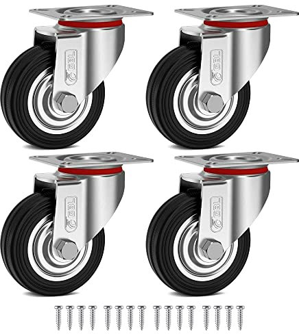 GBL Rotelle per carichi pesanti con viti 75 mm, fino a 200 kg, confezione da 4 rotelle silenziose antitraccia per mobili, rotelle rivestite in gomma per carrelli, argentate