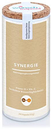 Wunschkapsel SYNERGIE aus Eisen + Vitamin C | 290 vegane Kapseln mit 28 mg Eisen (Bisglycinat) und 240 mg Ascorbinsäure pro Tag | optimale Bioverfügbarkeit mit Deiner Wunschkapsel | aus Deutschland