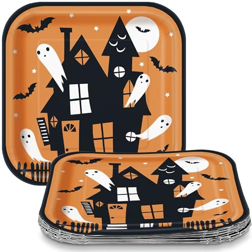 Unique 23395 Lot de 8 assiettes carrées en carton pour fête d'Halloween hantée Multicolore 23 cm