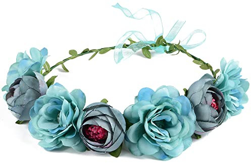 Corona di fiori con rose e peonie, ghirlanda per capelli, con nastro regolabile, per matrimoni, festival, feste (blu)