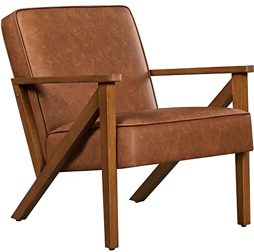 Yaheetech Sillón de Piel Sintética para Salón Sillón Relax con Resplado Pata Madera Sillón para Sala de Estar Oficina Recepción Marrón Claro