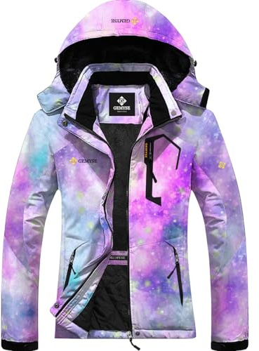 GEMYSE Damen Skijacke Wasserdicht Fleece Winterjacke Winddicht Schneejacke mit Kapuze für Outdoor Aktivitäten und Sport(Violett-Rosa,M)