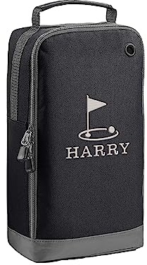Personalisierte Sportschuhtasche für Golf, Fußball, Rugby, besticktes Design mit Namen oder Initialen, Schwarz , Einheitsgröße, Golfloch