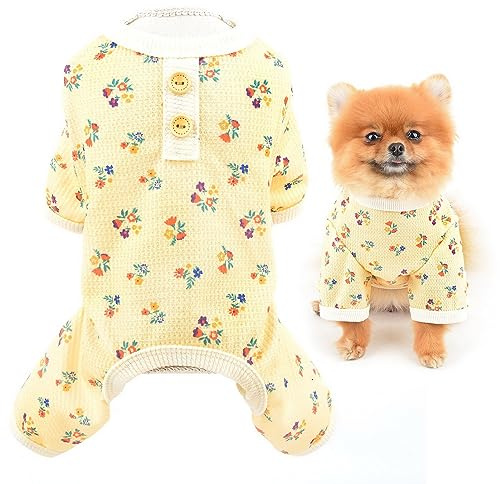 SMALLLEE_LUCKY_STORE Floral Waffle Knit Pyjamas for Small Dogs, Yellow, L | Stretch Knit Fabric, Full-Body Fit, Indoor Sleep/Lounging, Chihuahua, Yorkie, Small Breed, Cat, Puppy Jumpsuit Sleepwear