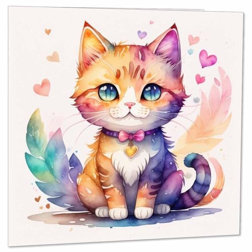 Geburtstagskarte mit Aquarell-Katze, 145 x 145 mm