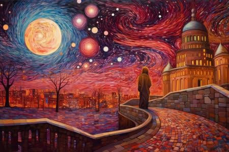 adrium Holz-Bild 140 x 90 cm: Illustration einer wunderschönen Stadt bei Nacht im Mosaik-Farbstil, erstellt mit generativer KI-Technologie. (209871156)