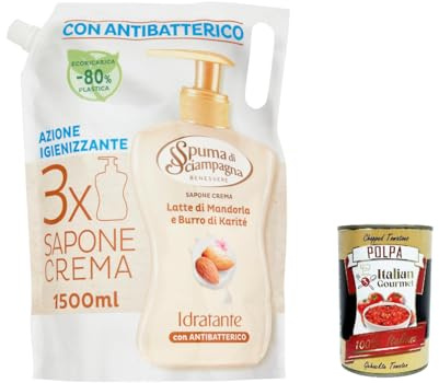 3 x Spuma di Sciampagna Liquid Soap, Ecoricarica Karité Butter Almond Benessere Idratante Liquid Soap - 1500 ml + Italian Gourmet Polpa 400 g