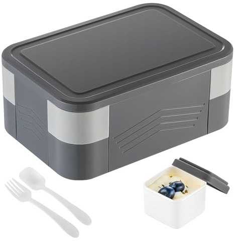 1550ML Double layers Bento Box, Kids Lunch Box with 8 Compartments & Cutlery, Leakproof Bento Container for Adults, BPA Free Plastic Meal Prep Storage Containers, Snack Boxes for Children (Grey)