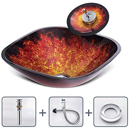 AsCoRP Frost Flame Pattern Vessel Sink Tempered Glass Above Counter Square Shape Bathroom Washing Basin Combo with Waterfall Faucet, Artistic Blue Lavatory Bowl for Home Hotel Balcony (Red A)