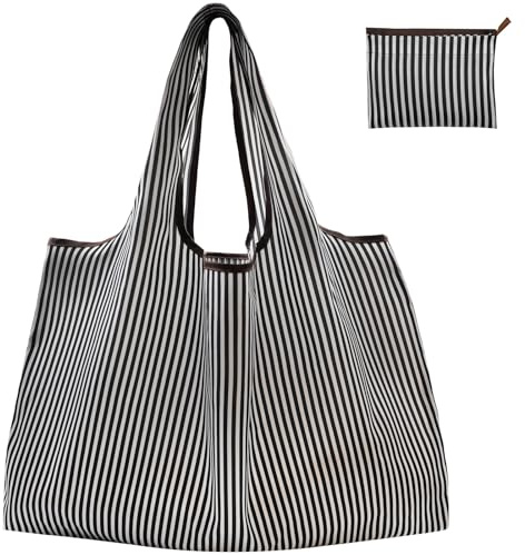 FenFang Reusable Shopping Bags Foldable, Extra Large Grocery Bag, Washable Pocket Shopper Bag, Lightweight Handbag Tote Bag Portable Pouch for Daily Travel Picnic, 56 X 67 cm (White)