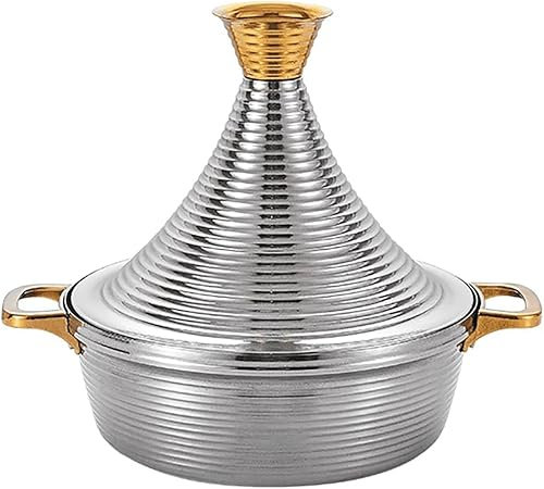 Vinbcorw Moroccan Tagine,304 Stainless Steel,Non Stick Moroccan Casserole with 2 Handles,Large Moroccan Cooker Handmade Tagine Pot with Cone-Shaped Lid,Silver,24cm