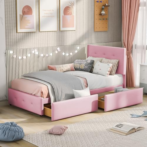 Merax Polsterbett Einzelbett mit 2 Schublade, Bett mit Lattenrost und Rückenlehne, Samtstoff, Kinderbett Jugendbett Gästebett, Stauraumbett, Schlafzimmermöbel, ohne Matratze, 90 x 200 cm, Rosa