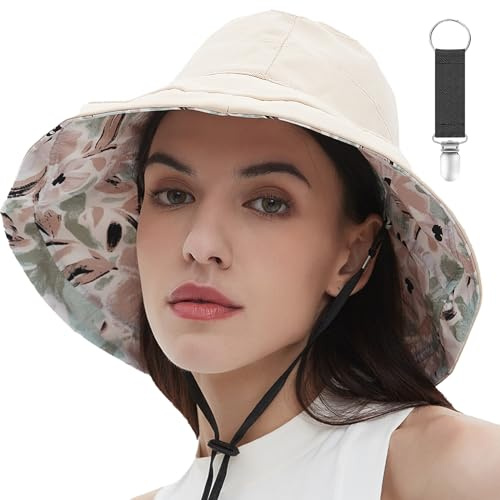 Hebterrka Damen Sommerhut mit breiter Krempe, umkehrbarer Strohhut, UV Schutz 50, Strandhut mit Hutclip, packbarer Sommer Travel Cap
