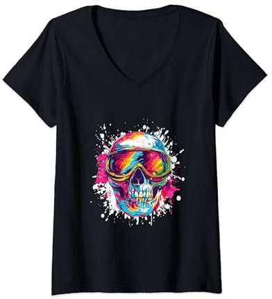 Damen Skisport Totenkopf mit Skibrille | Skisport T-Shirt mit V-Ausschnitt