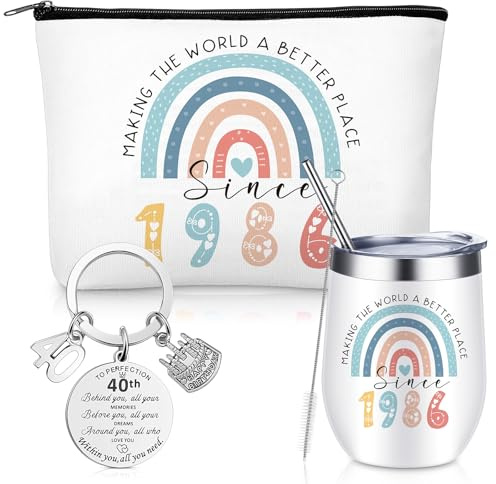 Sinmoe 3 Pack 40th Birthday Gifts for Women Happy 40th Birthday Hamper for Her Personalised Wine Tumbler Gift Set Rainbow Makeup Bag Key Ring 40 Years Old Presents for Women
