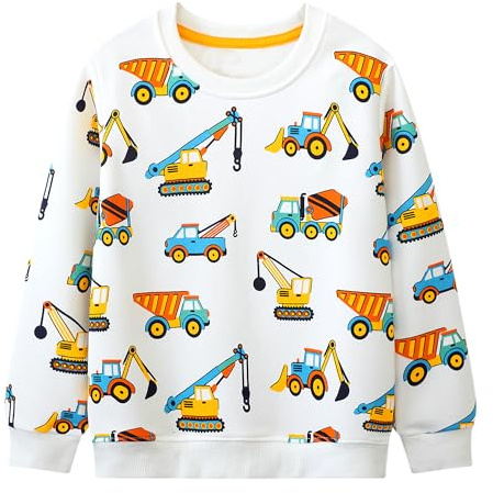 JinBei Tröjor baby pojke tröjor barn bomull casual långärmade t-shirts sport tröja rund hals toppar tecknat djur tryck skola höst vinter vårkläder 2–7 år, Vitt och blått, 6-7 år