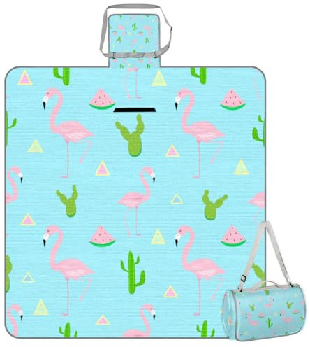 Mularoka Flamingo Wassermelonen-Picknickdecke, wasserdicht, sanddicht, faltbar, Stranddecke, 150 x 145 cm, extra groß, tragbar, waschbar, Outdoor-Matte für Camping, Park, Gras, Wandern, Reisen
