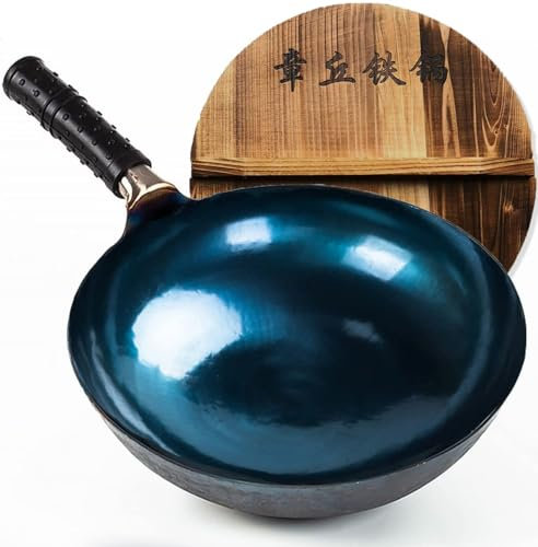TKRADISH 14 Inch Chinese Hand Hammered Iron Wok and Stir Fry Pans with Lid Round Bottom Wok Pan Non-stick No Coating Ideal for Home Use and Gift Giving