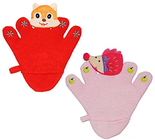 alles-meine.de GmbH 2 TLG. Set: 2 in 1: Waschhandschuhe + Handpuppen aus Frottee - für 5 Finger - 3-D Igel + Fuchs - Handspielpuppe/Tier Kinder Baby Waschlappen zum Spielen und..