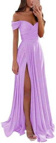 YIANN Off Shoulder Prom Dresses Lilac with Slit A Line Formal Evening Gown for Women Pleated Long Bridesmaid Dress UK26