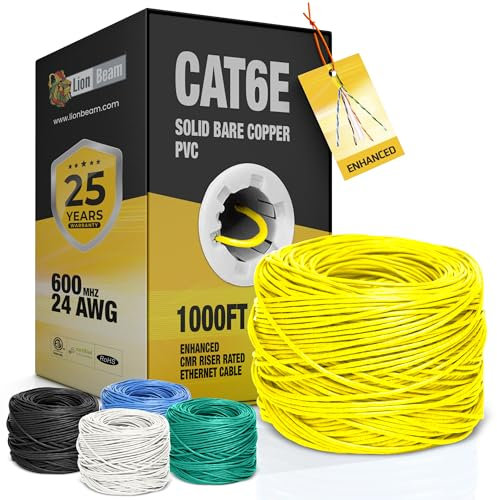 LION BEAM Cat6e Enhanced Ethernet Cable 1000 FT Box 24AWG, PVC-CMR Insulated Solid Bare Copper Internet Cable 600 MHz, Provides High-Speed 10Gbps, UTP Bulk Ethernet Riser Cable with Fast Reel, Yellow