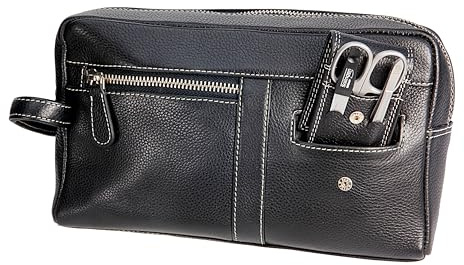 Sonnenschein Leder Kulturtasche & Kulturbeutel für Herren & Damen – Mittelgroße Kosmetiktasche mit 3-TLG. Maniküre Set aus Edelstahl – Hochwertige Toilettentasche – Kosmetiktasche klein & kompakt