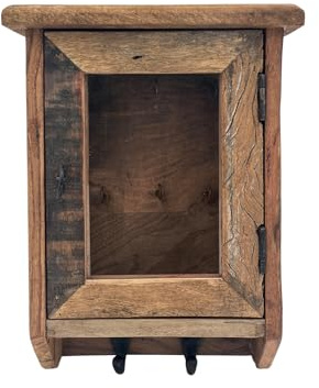 Woodkings Schlüsselkasten Sumatra | Schlüsselhaken 25x35x10cm aus Altholz | ideal für Flur Büro Deko | Rustikales Design mit Glastür und Haken