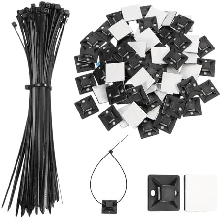 QUARKZMAN 100 Satz 200mm Länge Kunststoff Kabelbinder Schwarz, 8kg Zugfestigkeit Wiederverwendbare Kabelbinder Set mit Klebepad 20x20mm, Selbsthemmend Befestigungsbinder für Kabelmanagement