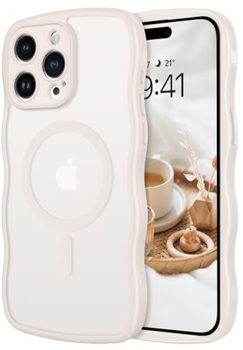 GUAGUA für iPhone 15 Pro Max Hülle [Kompatibel mit MagSafe] Matt Magnetisch Wellig Handyhülle Wellenform Durchscheinende Rückseite Stoßfest Schutzhülle Case für iPhone 15 Pro Max (6,7'')Hellgrau/Beige