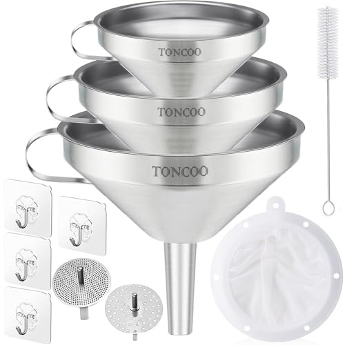 Toncoo 3 Pack Stainless Steel Funnels for Kitchen Use, Food Grade Cooking Funnel with 3 Strainer, Kitchen Funnel Set Metal Funnels for Filling Bottles