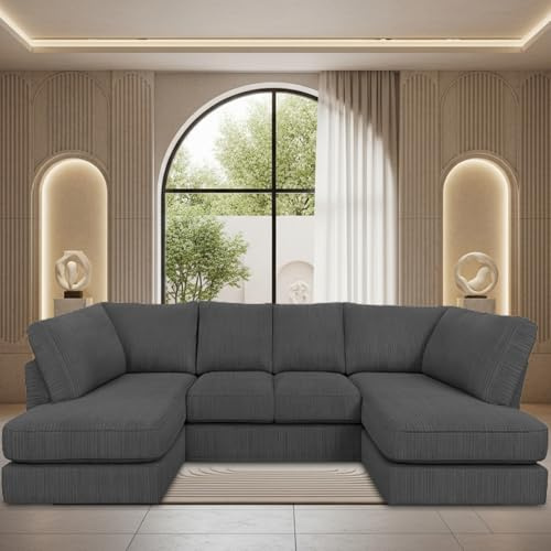 Anglo U-Shaped Jumbo Cord Sofa – Deep Seating Sectional Couch with Memory Foam Cushions & Removable Covers, Ideal for Living Room or Lounge