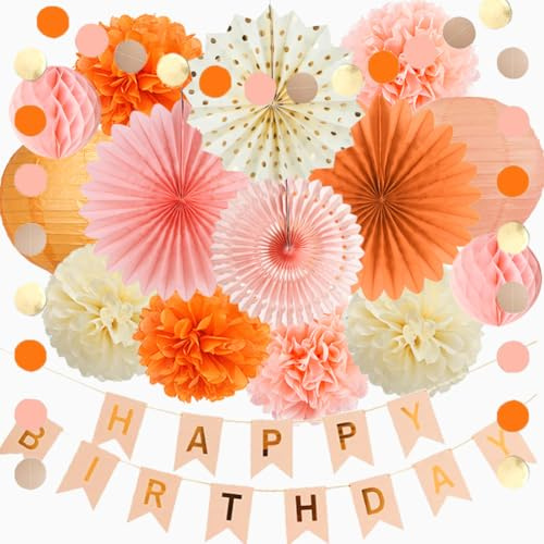 Deko Geburtstag Herbst Orange Rosa Mädchen Herbst Deko Boho Frauen Geburtstagsdeko Orange Beige Pfirsich Pompons Herbstdeko Party mit Happy Birthday Girlande Beige Gold für Herbstliche Geburtstag