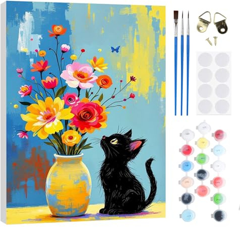 RICUVED Flores Pintura por Números para Adultos y Niños 20x30cm -Gatos Kit DIY con Marco de Madera, Pinturas al Óleo, Pinceles y Bandas Magnéticas para Decorar Tu Casa