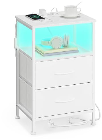 SONGMICS Table de Chevet avec Multiprise, Table d'Appoint avec Éclairage LED Réglable, Style Moderne, 1 Étagère Ouverte et 2 Tiroirs, Blanc Nuage et Blanc Neige, BELLAH Collection LGS302WH03