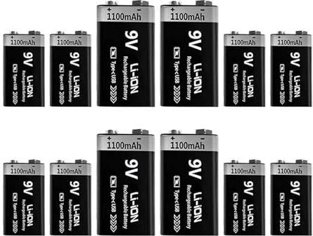 Vqxmhrpw Batterie Rechargeable USB 9 V 1100 MAh Type-C Li-ION 6F22 9 V, Compatible avec Les Hélicoptères Télécommandés, Les Multimètres Et Les Jouets.(9V 1100mAh 12pc)