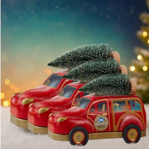Car with Christmas Tree Biscuit Tin 50g – Festive Shortbread Biscuits in Collectible Red Car Tin – For Christmas, Stocking Filler, or Seasonal Treat 3 x 50g(Pack of 3)
