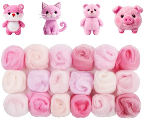 Ainiv 18 Farben Nadelfilz Set, 9 Farben je 3 Gramm Märchenwolle, Filzen Basic Kit für Starter, Filzwolle Trockenfilzen für Heimwerker, Handspinnen und DIY-Kreationen (Rosa Serie)
