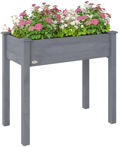 Outsunny Wooden Raised Bed for Garden, 86L x 46W x 76Hcm, Dark Grey | Bed Liner, Elevated Raised Planter Box, for Flower Vegetable Herb