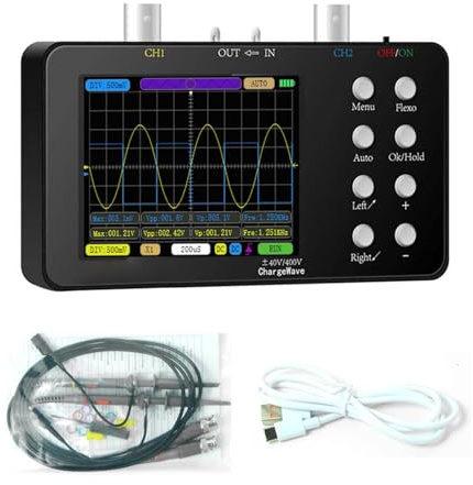Fesjoy Osciloscopio Digital Compacto Amplios Rangos de Medición para Reparaciones Automotrices Osciloscopio Portátil de Doble Canal Cable Cocodrilo 2 Piezas + Cable USB (Cable host y USB y 2 sondas