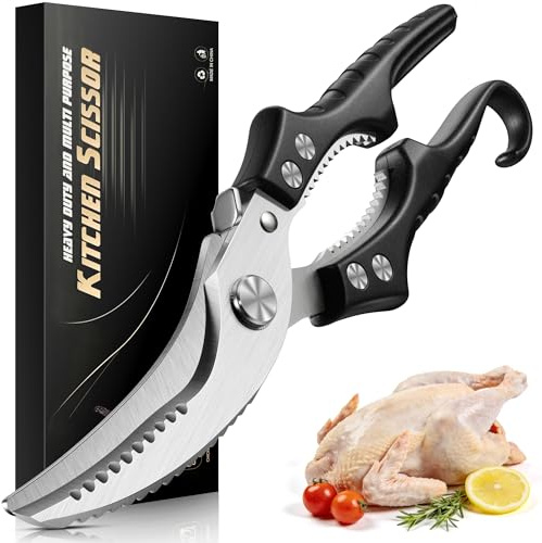 XHMBXIY Heavy Duty Poultry Shears, Molybdenum-Vanadium Steel Kitchen Scissors for Chicken Bone and Meat, Ergonomic Non-Slip Handle with Spring Loaded & Safety Lock, Sharp Food Shears for Kitchen