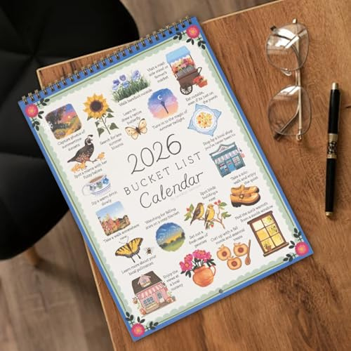 Bucket list kalender 2026, säsongsbetonad inspiration väggkalender, vertikal väggkalender med trådbindning, för vanor lärande skola hushåll firande semester födelsedag