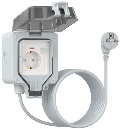 Außensteckdose Wasserdicht mit 5M kabel, IP66 Outdoor Steckdose | Outdoor Verlängerungskabel 5M mit Schalter Kontrollleuchte, Abschließbarer Klappdeckel, für Garten & Außenbereich, Grau, 16A